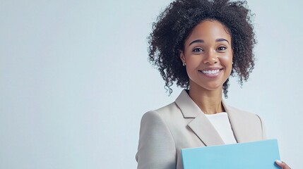 Obraz premium Happy Businesswoman Smiling While Holding a Blue Document Folder in a Professional Setting, Exuding Confidence and Positivity in a Portrait Capture