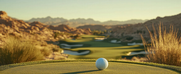 close up of golf ball resting on tee, set against stunning golf course landscape with mountains in background. scene captures essence of serene golfing experience