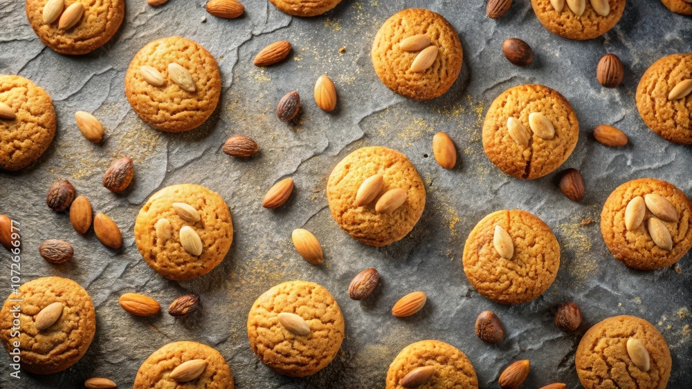 Poster a close-up overhead view of almond cookies on a textured surface, with scattered almonds and a sprin