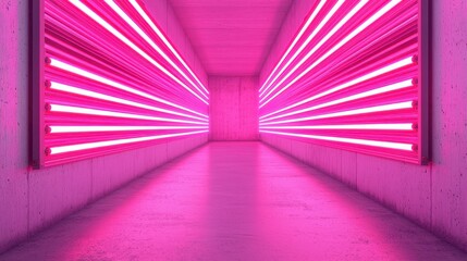 A vibrant, pink-lit corridor featuring neon lights, creating a dynamic and modern atmosphere.