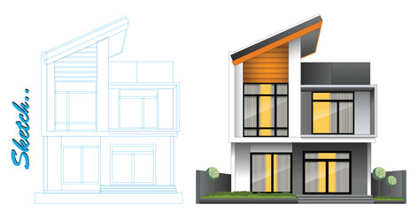 Template of Modern Minimalist House Design with Blueprint Sketch