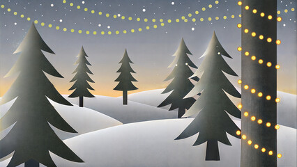 Obraz premium Snowy winter landscape with lights, spruce trees decorated with garlands of lights