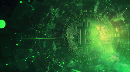 Fototapeta premium Digital currency concept with glowing Bitcoin symbol in green futuristic background, representing technology and finance