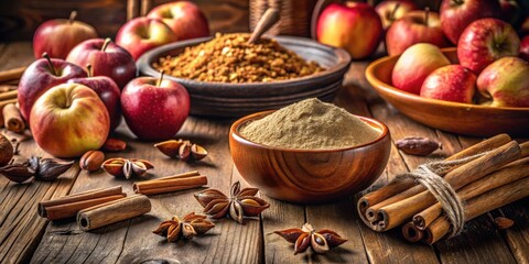 A bowl of ground cinnamon sits on a wooden table, surrounded by fresh apples, star anise, and cinnamon sticks, ready for baking.