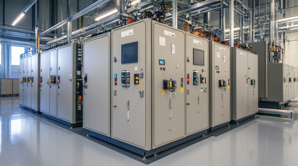 Efficient electric power system with multiple control panels in modern facility, showcasing advanced technology and organized layout