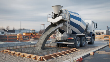 A cement mixer truck pouring concrete at a construction site, highlighting machinery and teamwork in action.