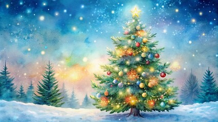 Captivating Long Exposure Watercolor Illustration of a Christmas Fir Tree Surrounded by Twinkling Lights and Soft Snowflakes, Perfect for Holiday Decor and Seasonal Art Prints