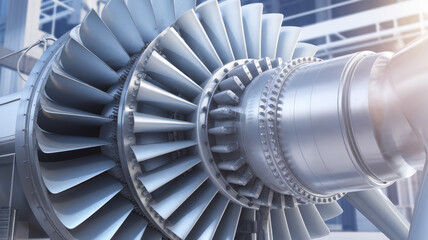 Close-up view of a silver jet engine turbine, showcasing intricate blades and mechanical details in a bright industrial setting.