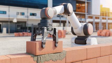 A robotic arm, featuring a sleek design, carefully places a brick on a construction site, showcasing modern automation in building.