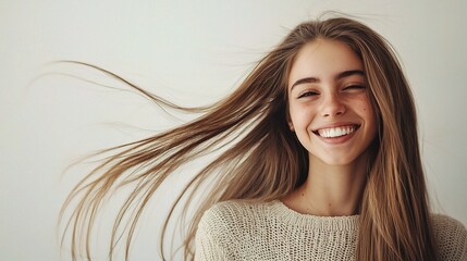 Fototapeta premium Confidently Smiling Woman with Long Hair Posing Against a Neutral Background, Radiating Joy and Positivity in a Natural, Candid Style