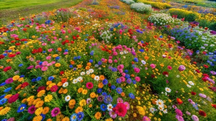 Aerial view of colorful wildflowers in full bloom during summer , wildflowers, aerial view, summer, nature, vibrant, meadow