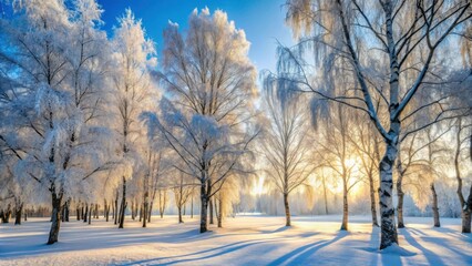 Beautiful birch park in winter with frost-covered trees and snow , Birch, park, winter, frost, snow, trees, white, cold