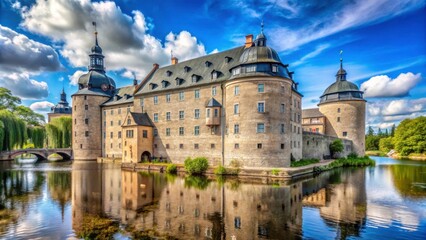 Fototapeta premium View of Orebro Castle on the Svartan River in Central Sweden, Orebro Castle, Svartan River, Central Sweden