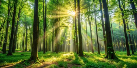 Obraz premium Peaceful forest landscape with tall trees, green foliage, and dappled sunlight filtering through the canopy, Nature, Woods, Trees