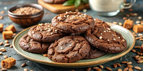 Obraz premium Close-up of a Stack of Delicious Chocolate Cookies with White Sprinkles on a Green Plate