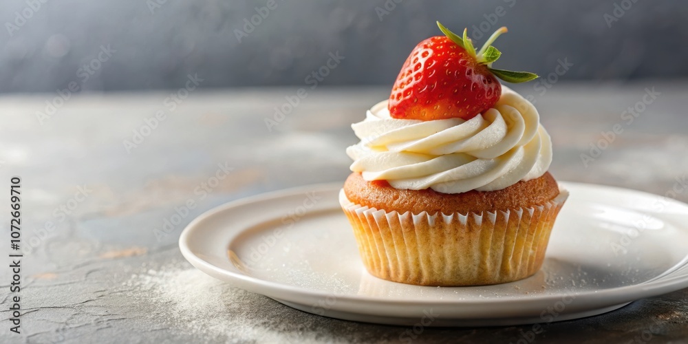 Aufkleber a single cupcake with vanilla frosting topped with a fresh strawberry, resting on a pristine white p