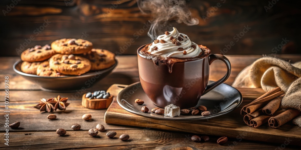 Poster warm chocolate drink with whipped cream and toppings on a wooden table with cookies and cinnamon sti