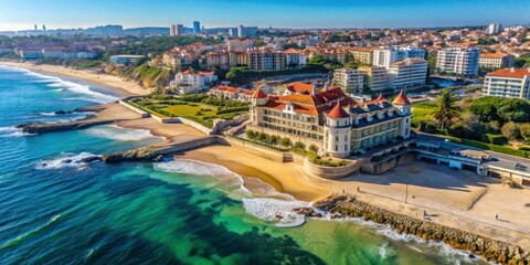 Aerial view of Tamariz Beach with Casino Estoril and Hotel Palacio , Estoril, Portugal, beach, Tamariz