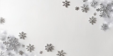 A simple, laconic white background for a banner with a decor of silver snowflakes, Cloud Dancer color 2026