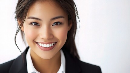 Young Asian Businesswoman Smiling at the Camera with a Vibrant Expression Showcasing Professionalism and Positivity in a Contemporary Setting