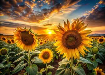 Obraz premium Captivating Low Light Photography of Sunflower Harvest in Golden Fields, Showcasing Tall Sunflowers Ready for Autumn Harvest with Ripe Seeds Awaiting Collection