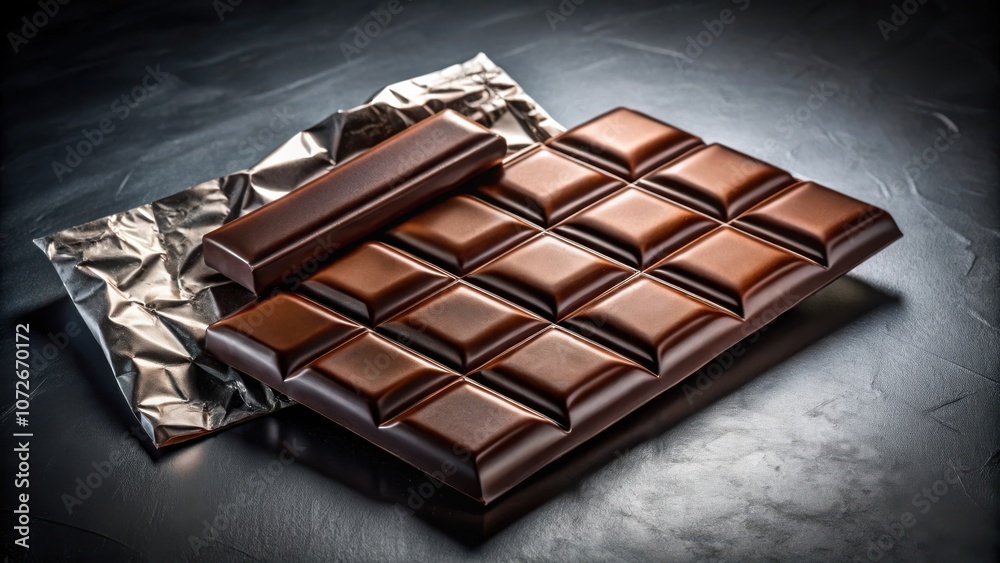 Poster a close-up of a chocolate bar on a dark background, highlighting the rich brown color and smooth tex