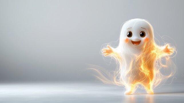 Against the ghost white background, the friendly ghost character is portrayed in a welcoming stance, with its arms outstretched in a friendly gesture