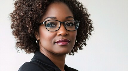 Obraz premium Confident African American Businesswoman With Glasses Showcasing Professional Success and Intellectual Acumen in a Modern Office Environment