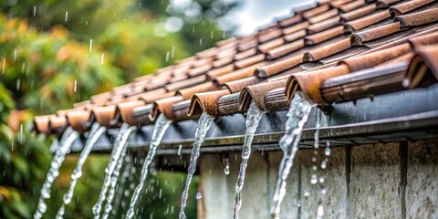 Rainwater streaming into roof drainage system, rain, water, drainage, system, roof, house, home, wet, liquid, flow, gutter