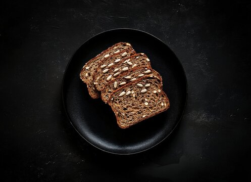 Top view of four slices of multigrain bread on a black plate against a dark background. - Powered by Adobe