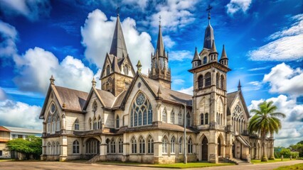 Obraz premium Ancient Gothic style building with spire and towers in Georgetown, Guyana , historic, architecture, heritage, landmark, old