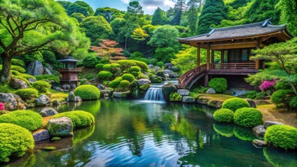 Naklejka premium Tranquil Japanese garden with flowing water, lush greenery, and ornate decorations, serene, peaceful, relaxation, zen