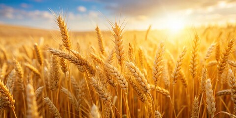 Fototapeta premium Close-up of golden wheat field under the sunlight, agriculture, crop, harvest, farm, rural, organic, nature, food, growth