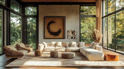 Minimalist living room with large sectional sofa, abstract art, and panoramic forest view
