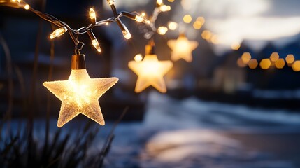 Star-shaped Christmas lights hanging above snow