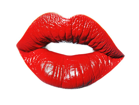 Red lipstick kiss mark isolated on transparent alpha layer. Close-up of glossy lips imprint. Bright beauty, make-up, cosmetic, woman, graphic, love, sensual, passionate, romantic, sexy, fashion, Png.