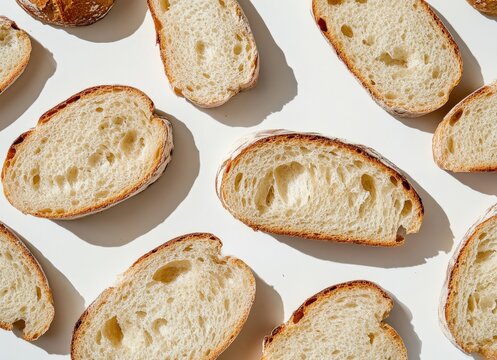 Freshly baked bread slices arranged in a minimalist pattern on a white background.