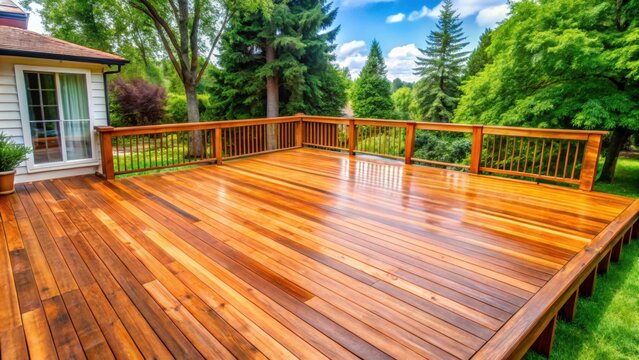 Freshly stained large home walk out cedar wood deck patio , outdoor, deck, patio, wood, stain, home, backyard