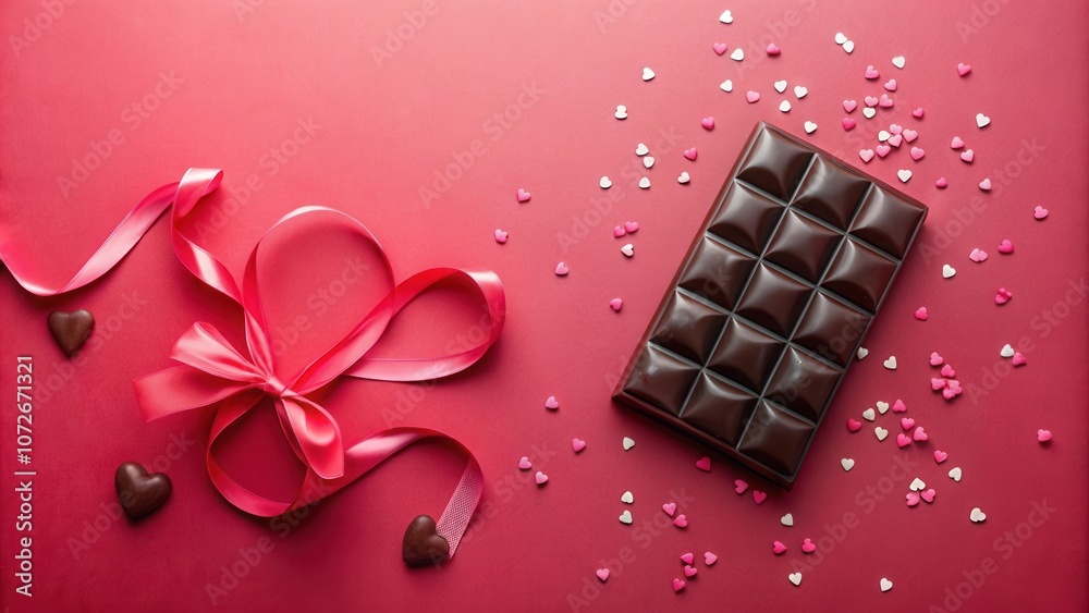 Poster a chocolate bar resting on a red background with scattered pink and white heart sprinkles and a pink