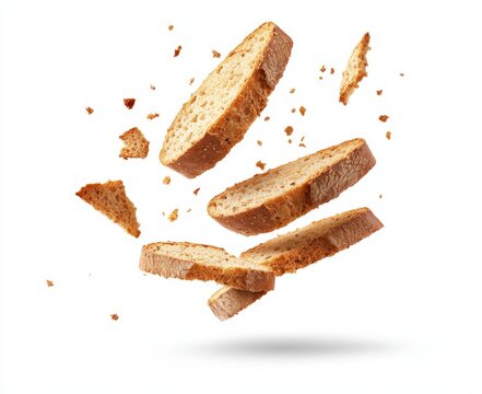 Crispy bread slices falling in mid-air with crumbs.