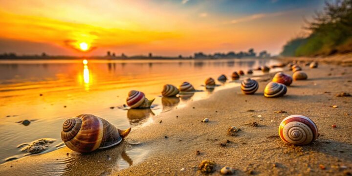 Snails resting on sandy riverbank at sunset in Digha Ghat, Patna, India, snails, river Ganga, sunset, Digha Ghat, Patna, India
