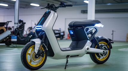 A white scooter with yellow accents is parked in a parking lot. The scooter is illuminated, giving it a futuristic appearance