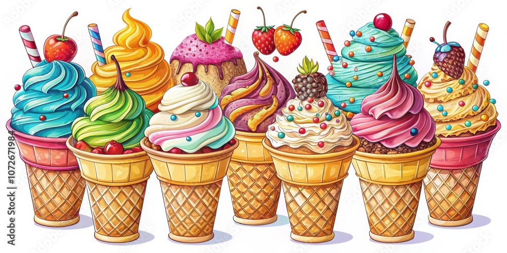 Poster A colorful assortment of ice cream cones, each with its own unique toppings and flavors, creating a visual feast for the eyes.