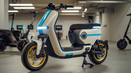 A white and blue scooter is parked in a garage. The scooter is the main focus of the image, and it is a new model. The garage is filled with other scooters, creating a sense of variety