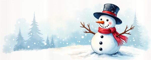 Fototapeta premium Smiling snowman in winter landscape with snow falling. It wears black hat with red ribbon, red scarf. Winter trees are in background. Design for greeting cards, seasonal advertisement, winter decor.