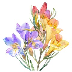 Naklejka premium Watercolor Freesia Isolated on White Background. Beautiful Freesia Flower