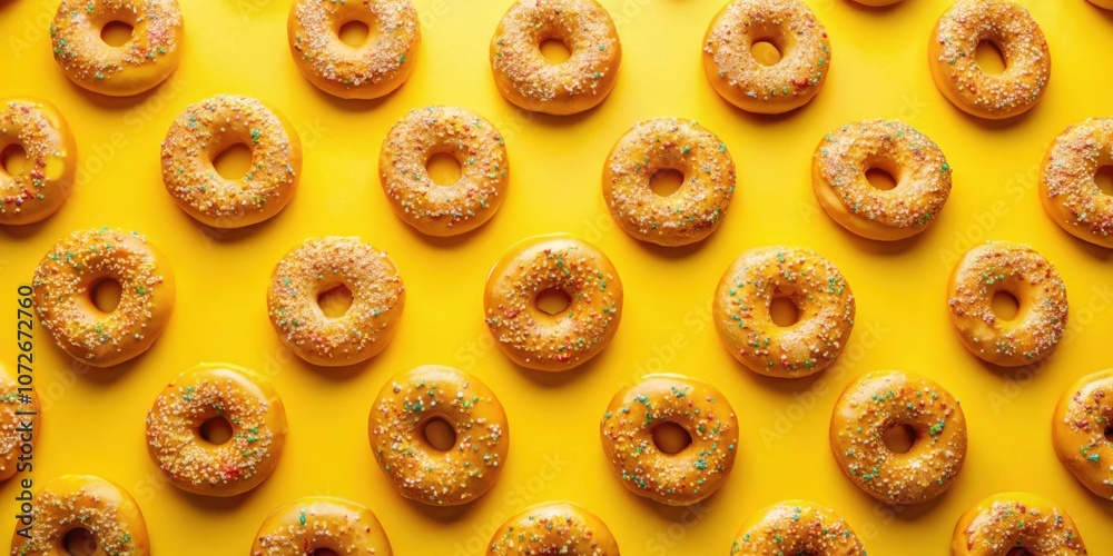 Poster a vibrant yellow background with a repeating pattern of yellow donuts covered in colorful sprinkles