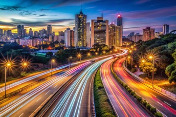 Obraz premium Captivating Nightview of a Highway in Brazil with Light Trails from Traffic and Downtown Buildings in the Background, Perfect for Urban and Traffic-Related Concepts