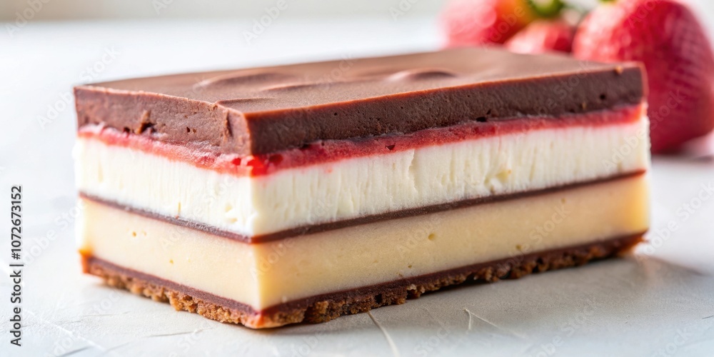Poster a multi-layered dessert with a chocolate topping, vanilla, and a layer of berry filling on a white s