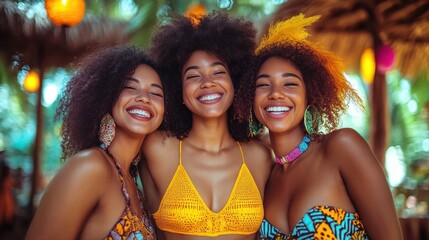 Three women with curly hair are smiling and posing for a picture. They are wearing colorful clothing and are surrounded by a tropical setting. Scene is happy and carefree